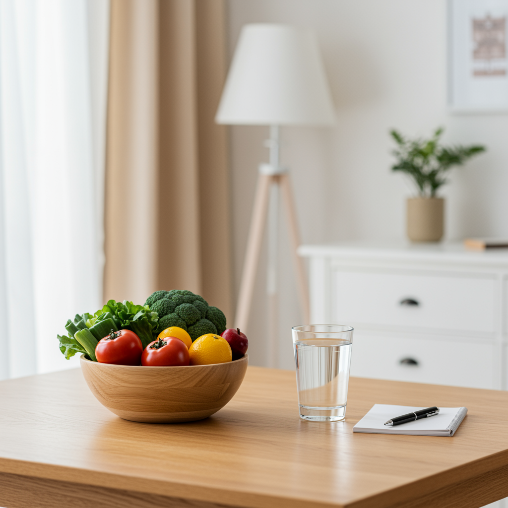 organized diet coaching setting with a bowl of fresh produce, glass of water, and notepad on a wooden table in a bright, professional fitness nutrition space
