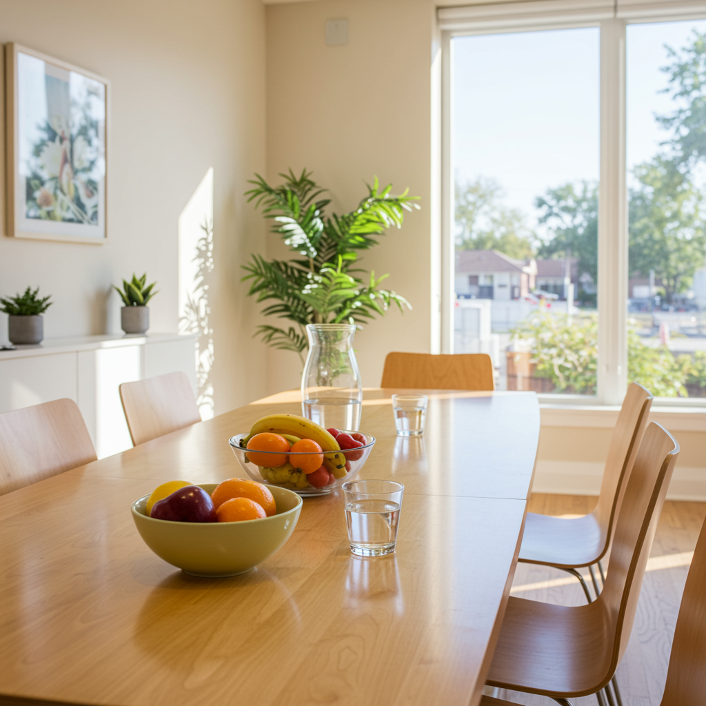 Modern diet coaching consultation room with a bowl of fresh fruit, glass of water, comfortable chairs, and natural sunlight in a personal training and nutrition studio