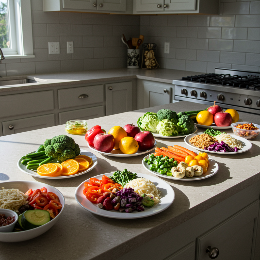 Healthy kitchen scene with fresh fruits, vibrant vegetables, and nutritious meals on a countertop, highlighting diet coaching and nutrition guidance