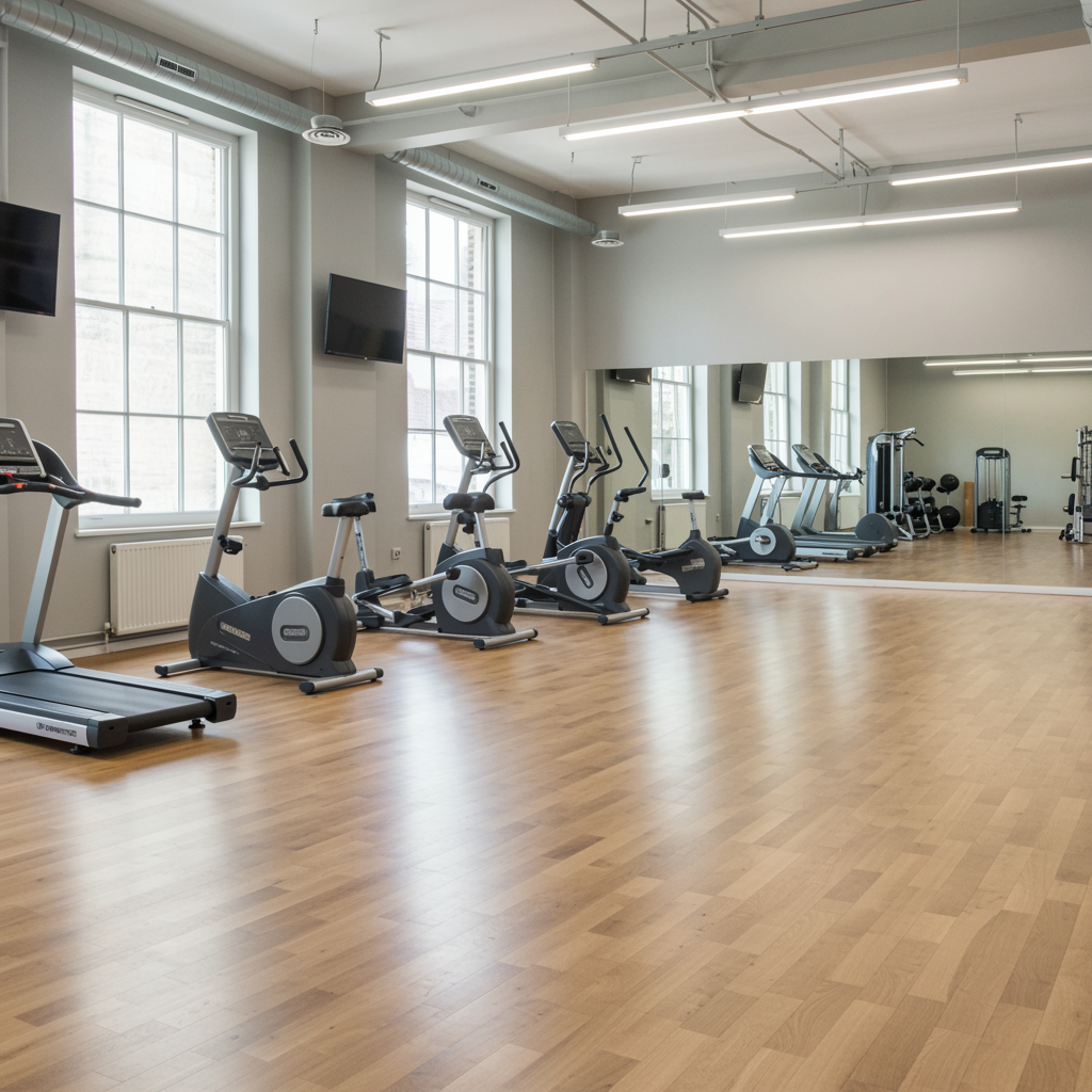 Modern fitness studio with organized workout equipment and polished wood floors for personal training and fitness programs