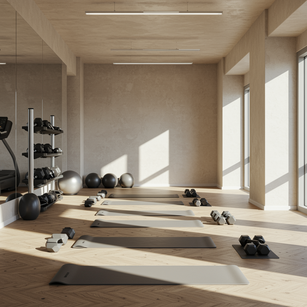 Spacious, modern fitness studio with exercise mats and free weights, showing finished setup for personal training and fitness programs