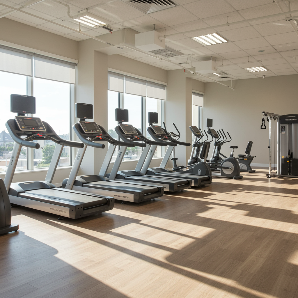 Well-lit modern fitness studio with sleek exercise equipment and open workout area for personal training and fitness programs