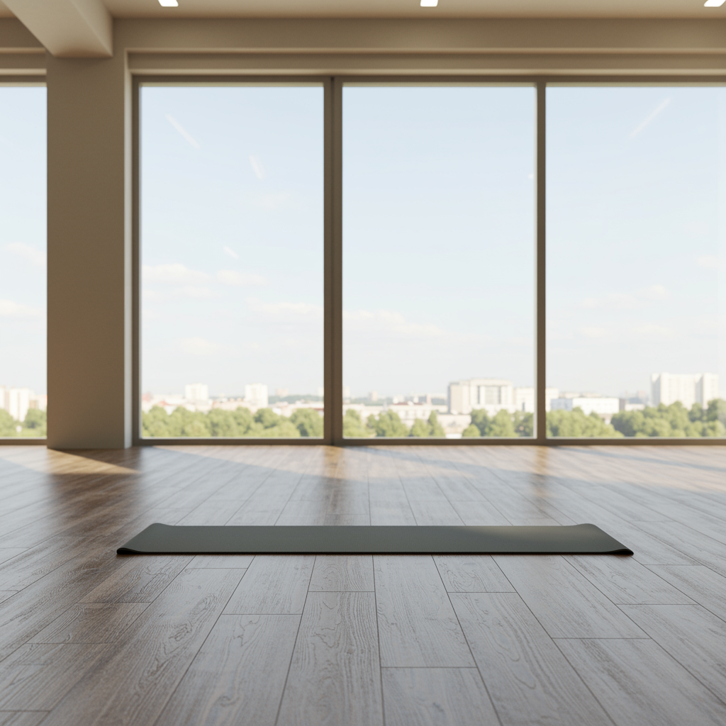 spacious modern fitness studio with a yoga mat arranged for flexibility training, natural light and calming colors for a personal training gym