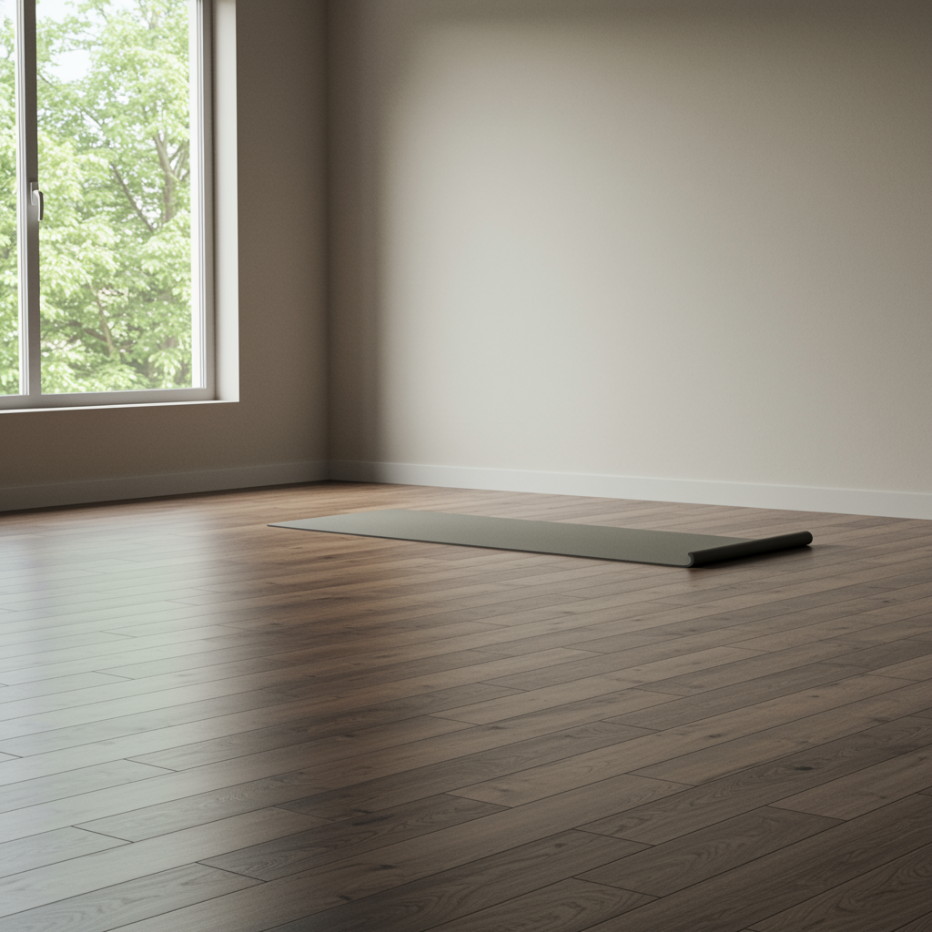 Serene fitness studio with yoga mat and natural light highlighting a relaxing space for flexibility training, no people