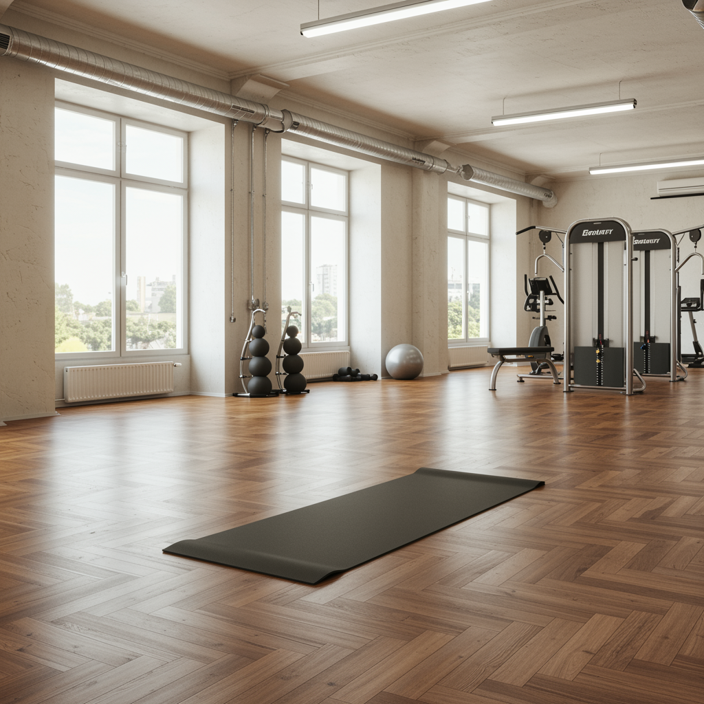 Modern fitness studio with yoga mat and clean wood flooring, ideal space for flexibility and personal training programs