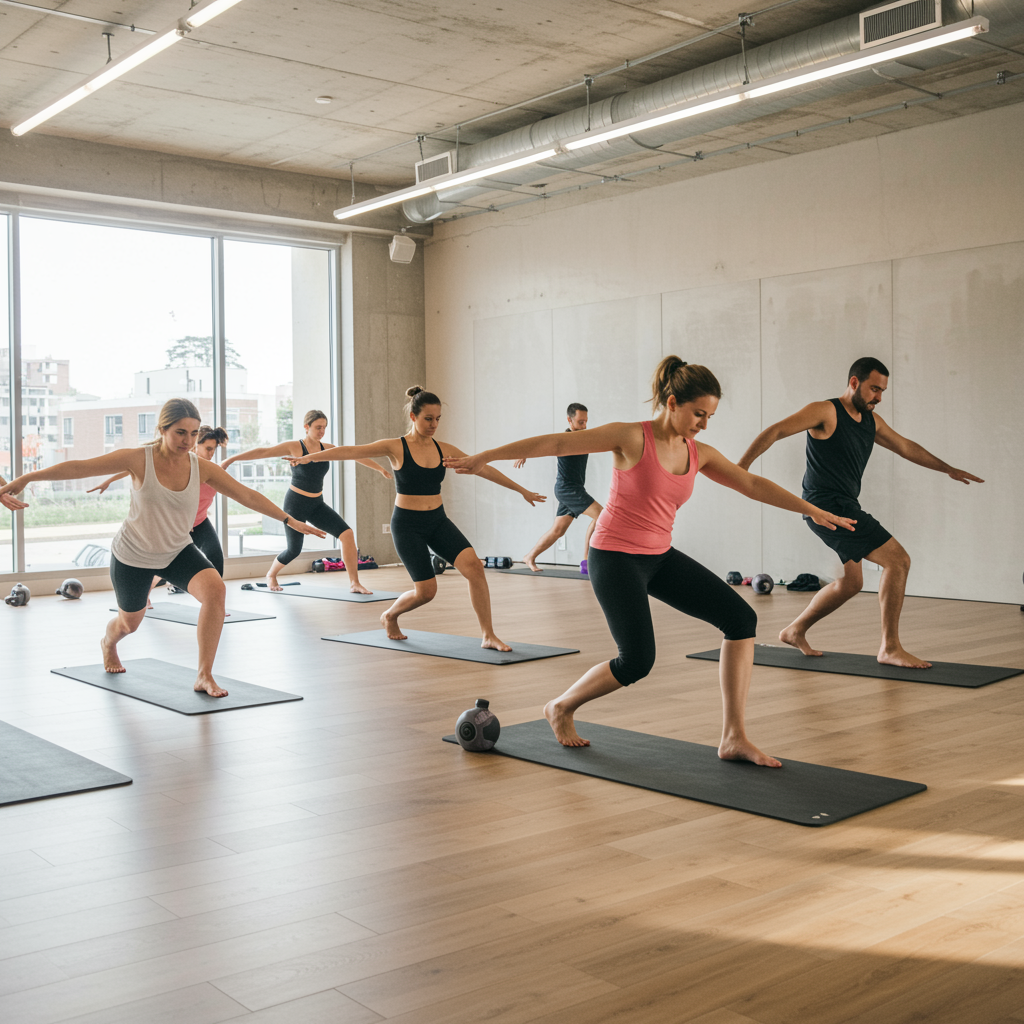 Group fitness class in a modern fitness studio with participants exercising together, clean space with natural light and professional equipment