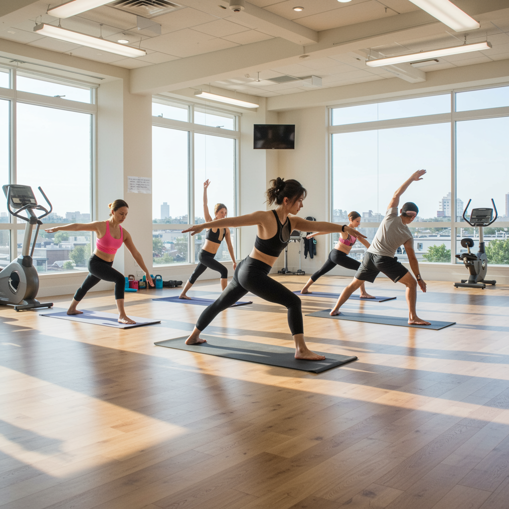 Group fitness class exercising together in a modern, well-lit gym with organized equipment and large windows