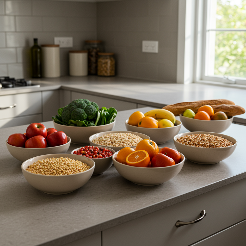 Healthy kitchen display with fresh fruits, vegetables, and grains for nutritional counseling