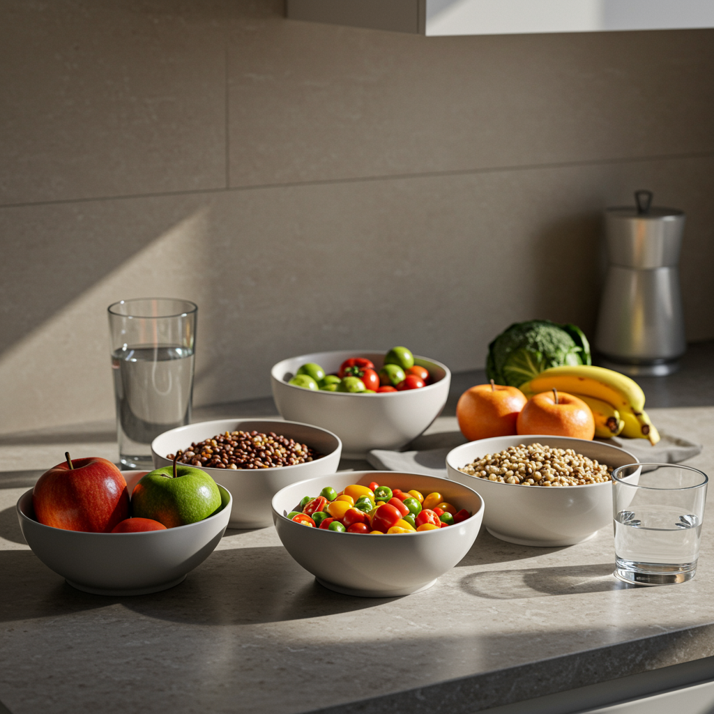 Healthy kitchen counter arranged with fresh fruits, vegetables, and whole grains for nutritional counseling