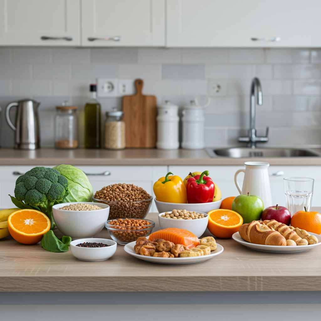 Beautifully arranged healthy foods on a clean countertop representing nutritional counseling and diet coaching for personal training and fitness programs.