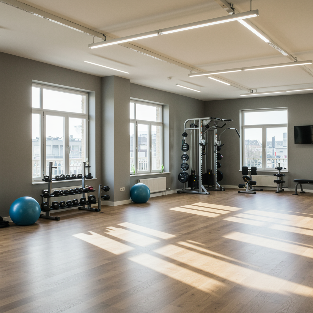modern personal training studio with clean workout equipment, wood flooring, and natural light for fitness programs and diet coaching