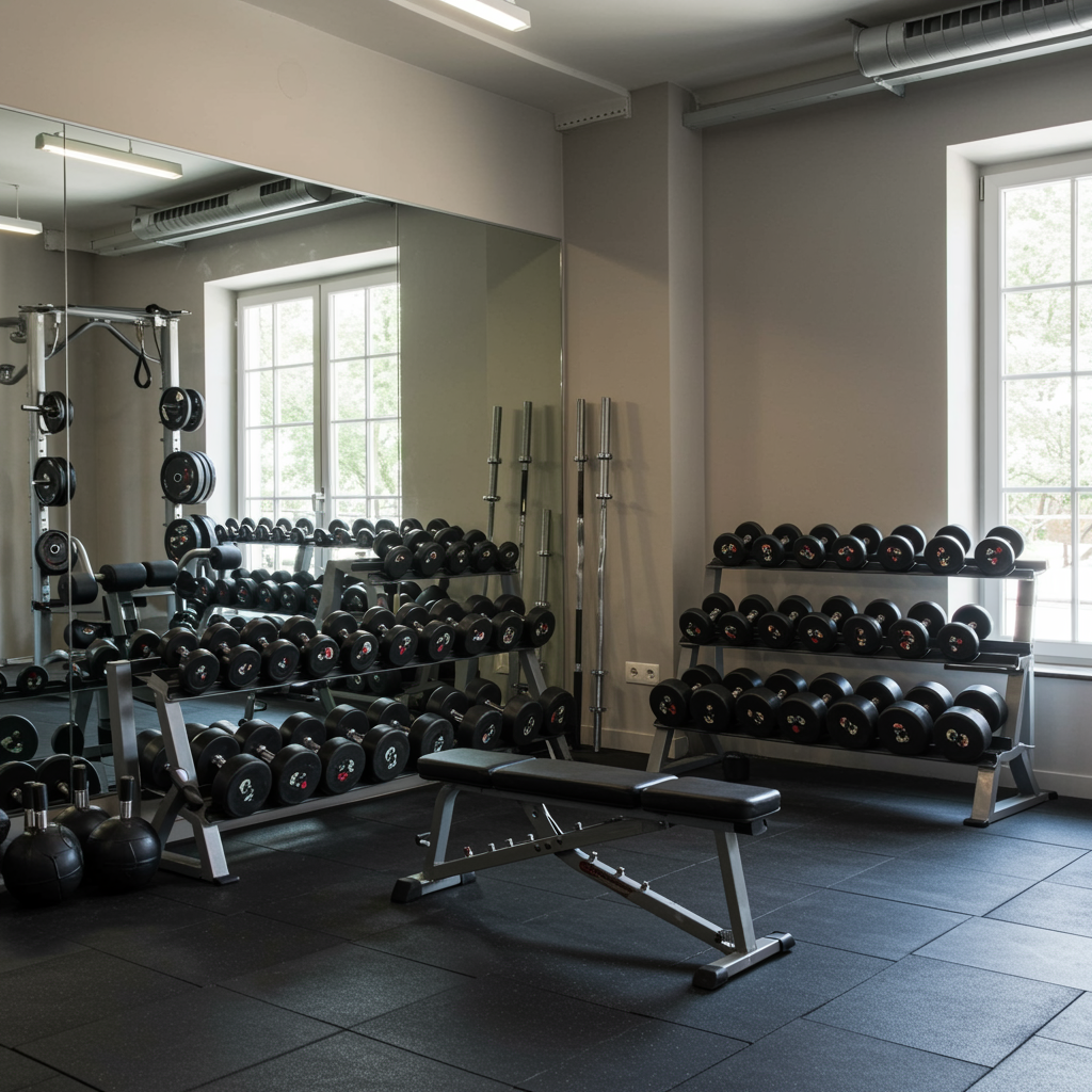 Modern fitness studio with organized free weights and a bench in a bright, welcoming gym setting for personal training and fitness programs