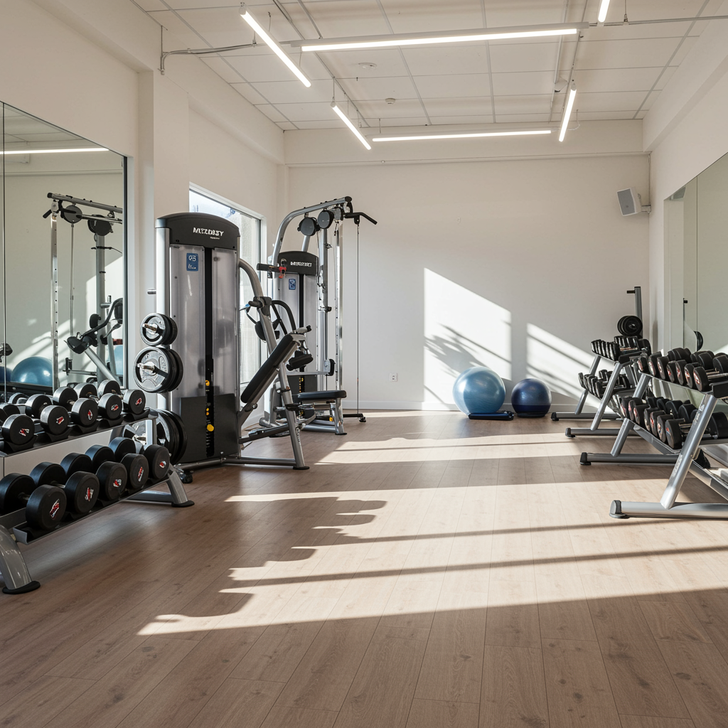 Spacious modern fitness studio with natural light, strength training equipment, and elegant interior for personal training and nutrition coaching