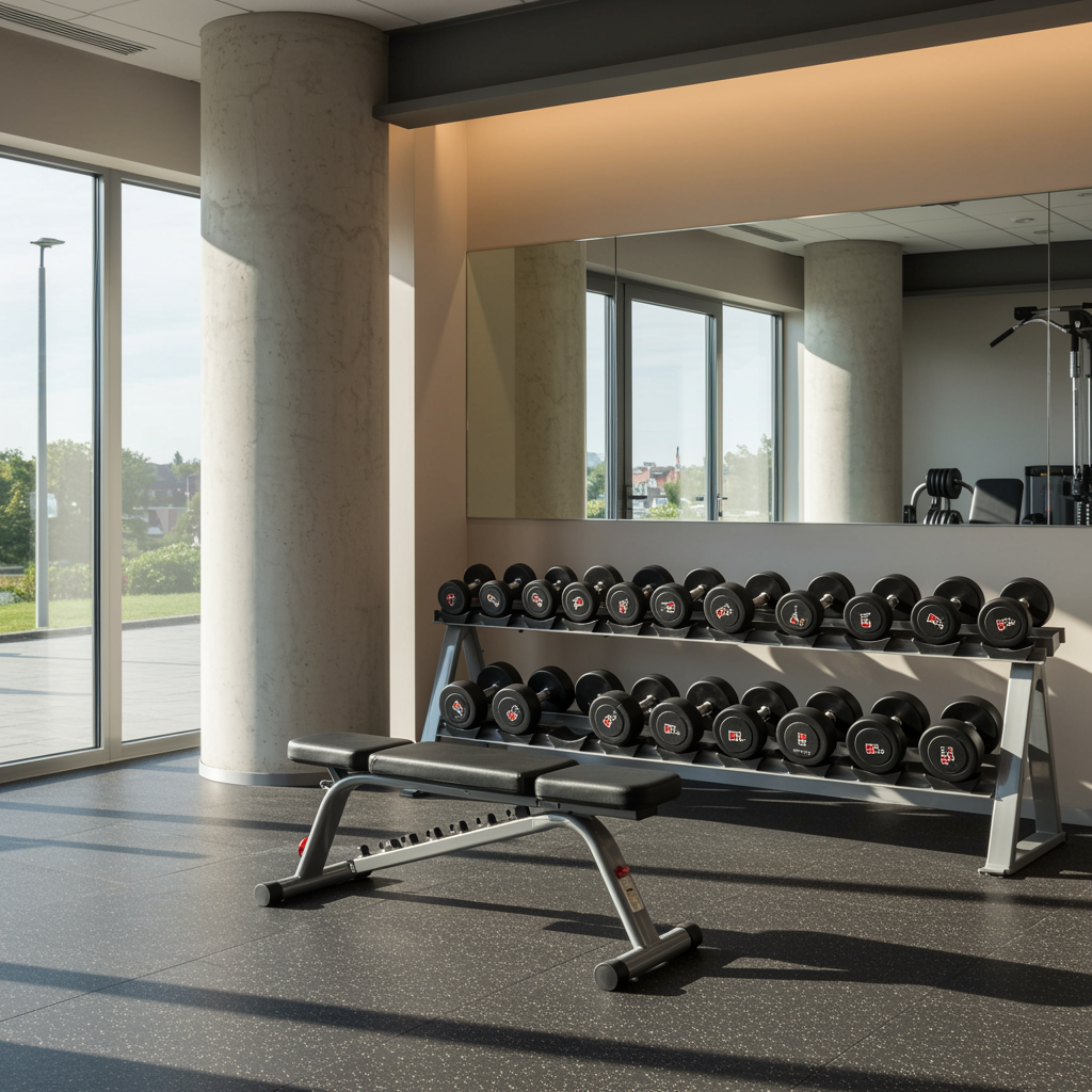 Clean and modern strength training room in a fitness center with organized free weights and workout bench, showcasing a welcoming workout environment