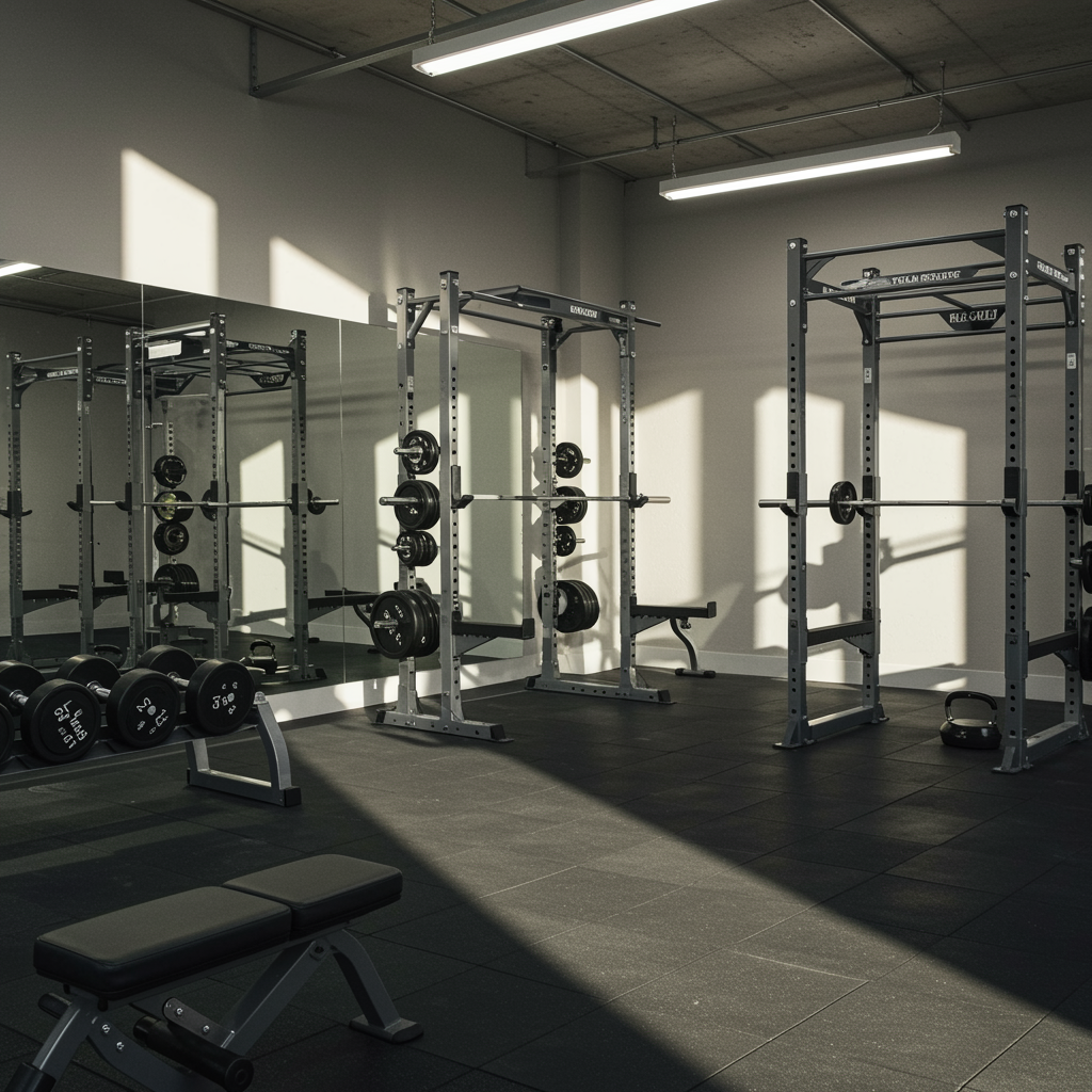 Modern fitness gym with organized free weights and barbells, clean rubber flooring, and contemporary decor for strength training services