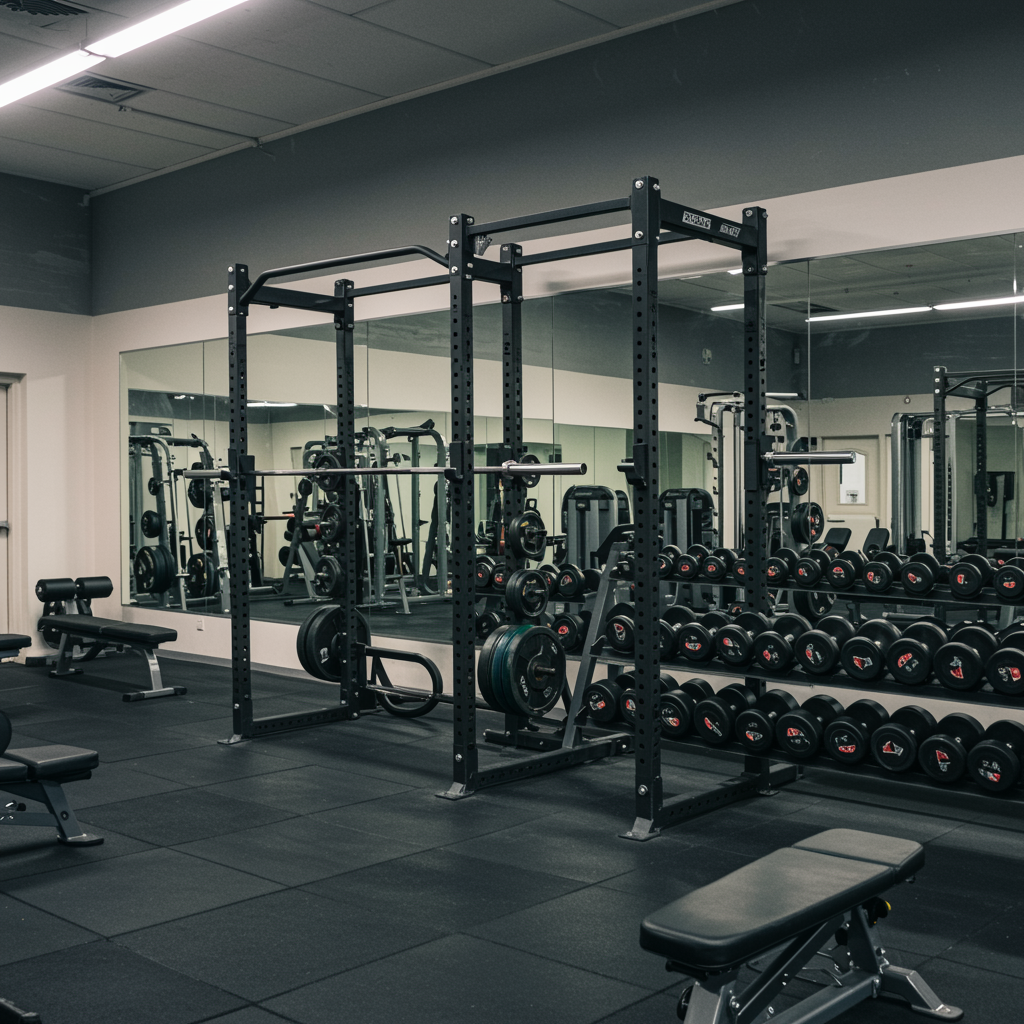 Clean, modern gym floor with weightlifting equipment and mirrors, perfect for strength training programs in a professional fitness facility