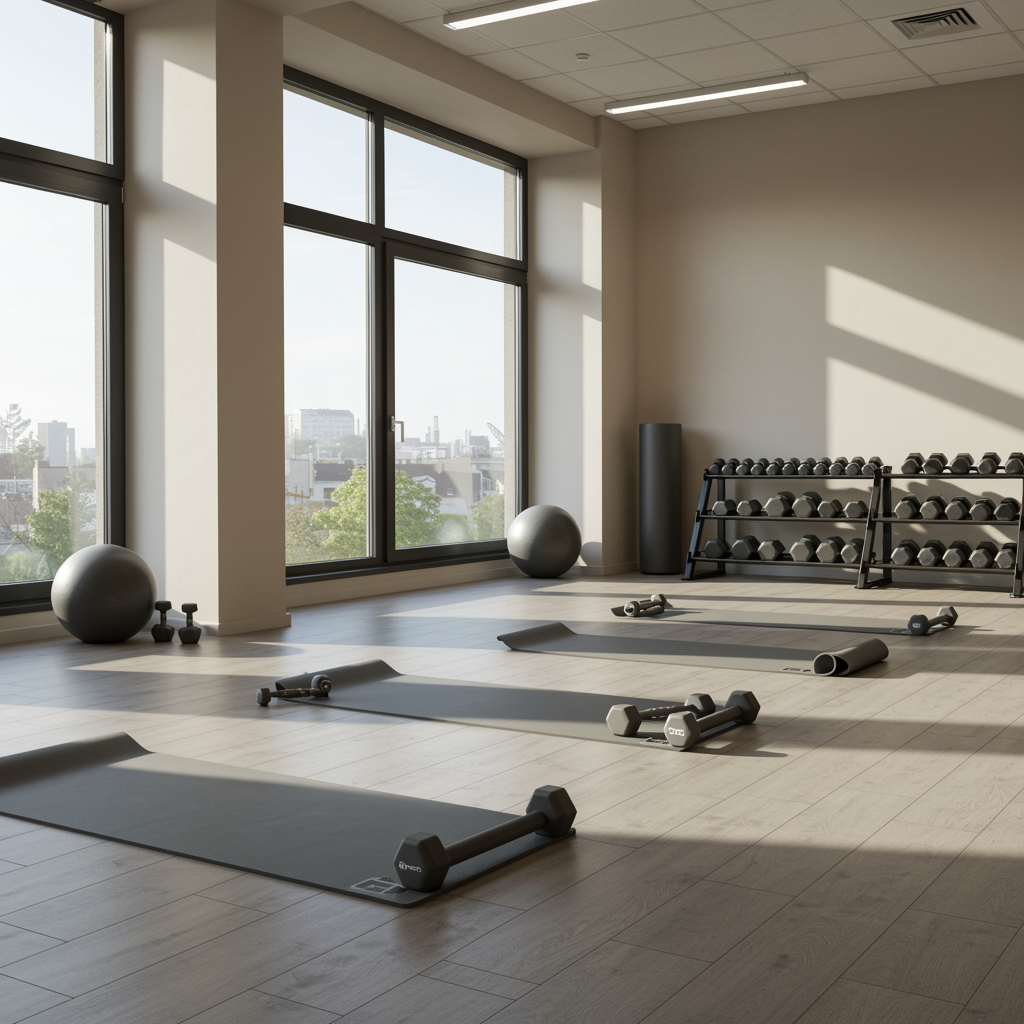 Modern fitness studio with neatly arranged workout mats and free weights in a bright, welcoming space for weight loss coaching