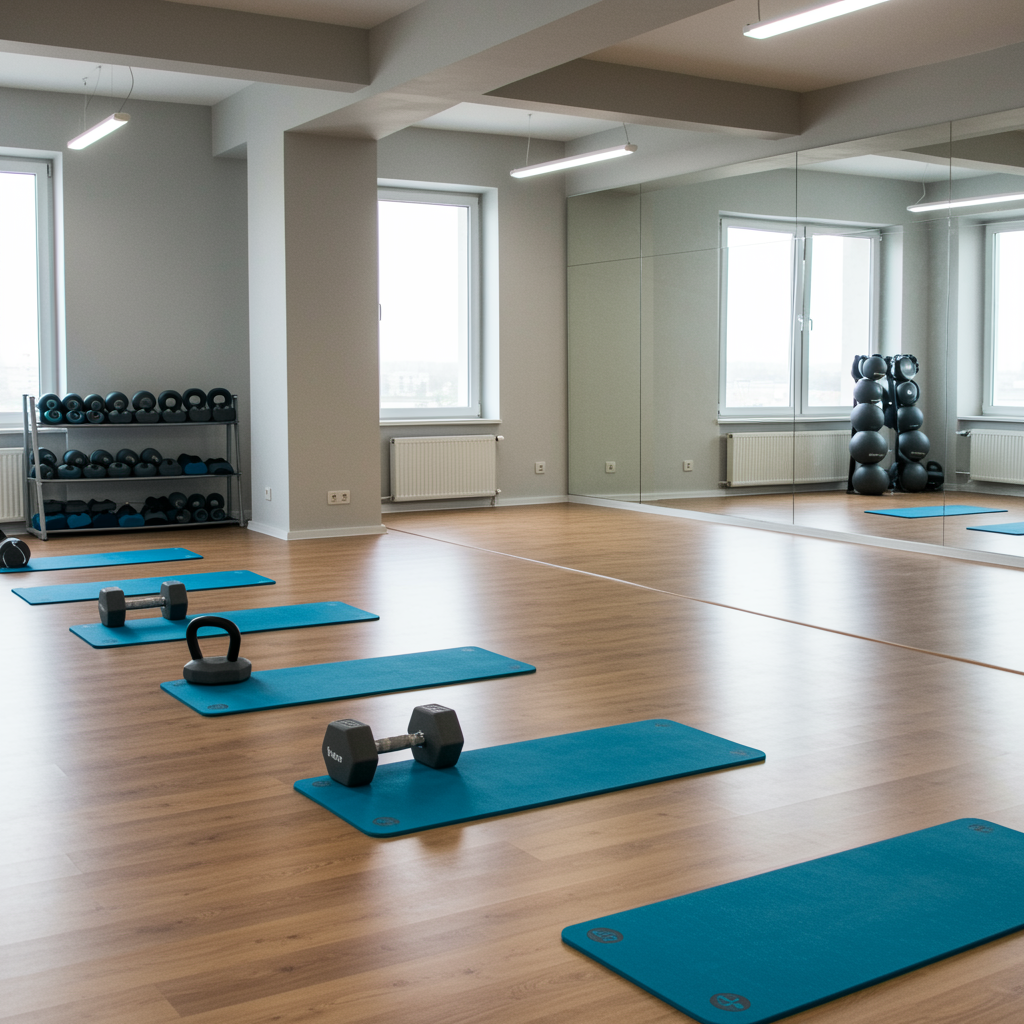 Modern fitness studio interior with exercise mats and free weights, natural light streaming in through large windows, showing a clean, motivating space for weight loss or personal training programs
