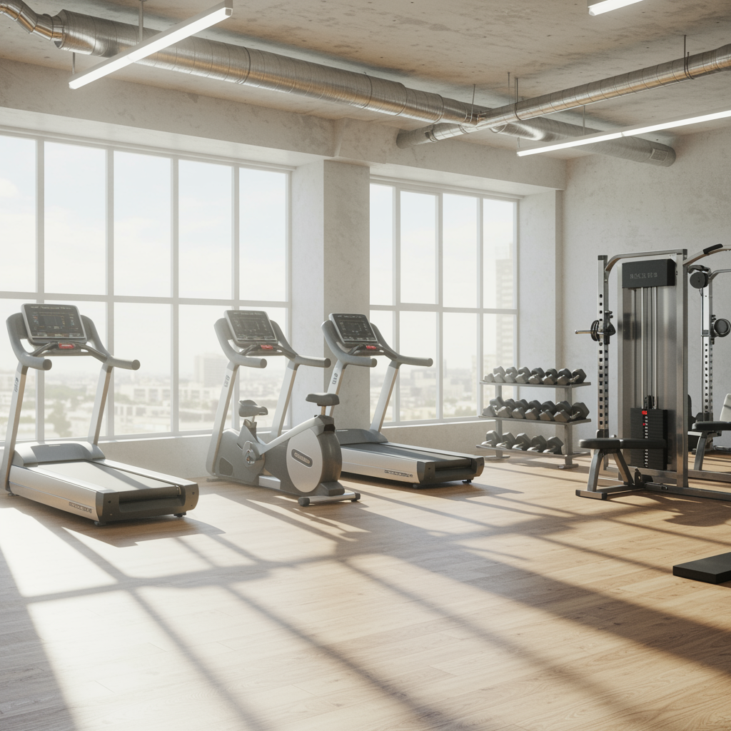 Modern fitness studio with natural light and workout equipment for personal training and weight loss coaching